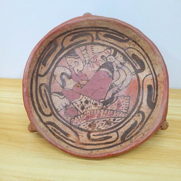 Mesoamerican-Style Terracotta Tripod Bowl – Face Motif – 8" - Picture 3 of 12
